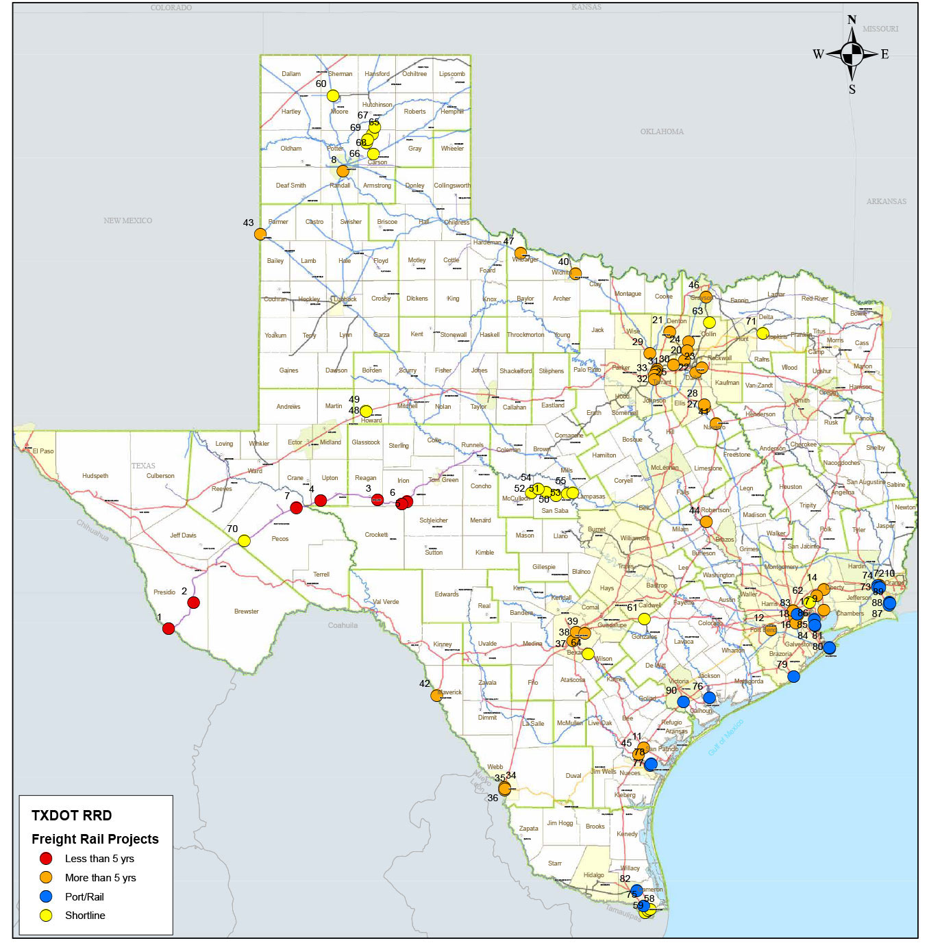 Map showing proposed freight rail projects